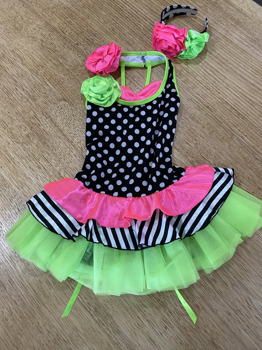 A 32123 Roses, spots and stripes party dress with headband - med child