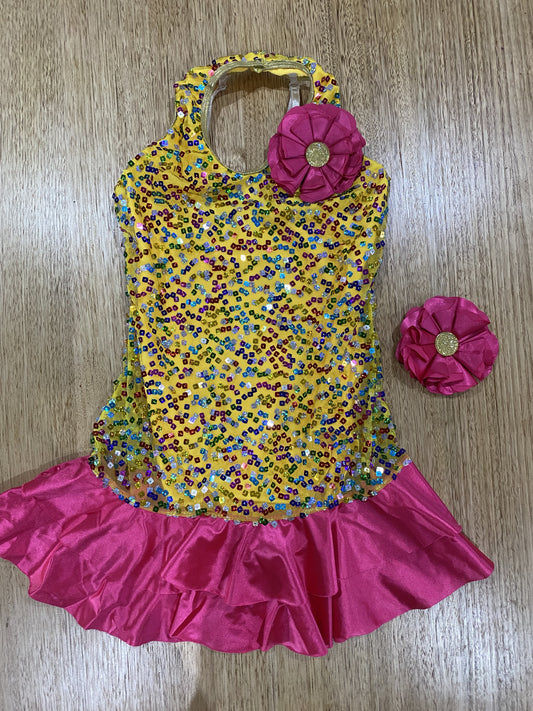 A5432 Walking on Sunshine dress - large child - colourful outfit with pink skirt with matching pink flower head piece