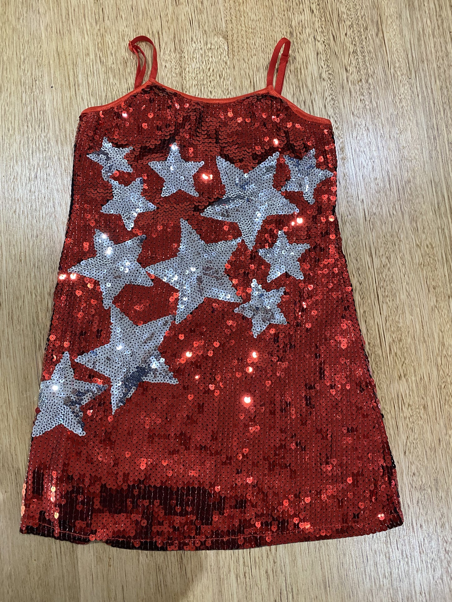 A7654 firecracker - red sequined A line dress with stars - Small Child